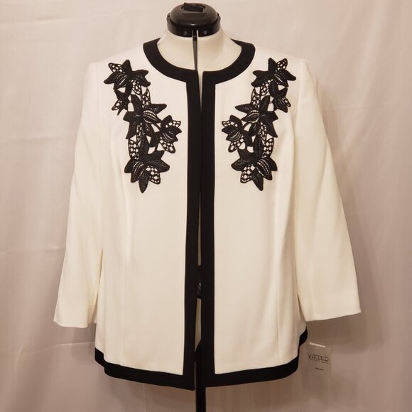 Kasper Women's Embroidered Black & Cream Flyaway Jacket, Size 14W - Picture 2 of 9